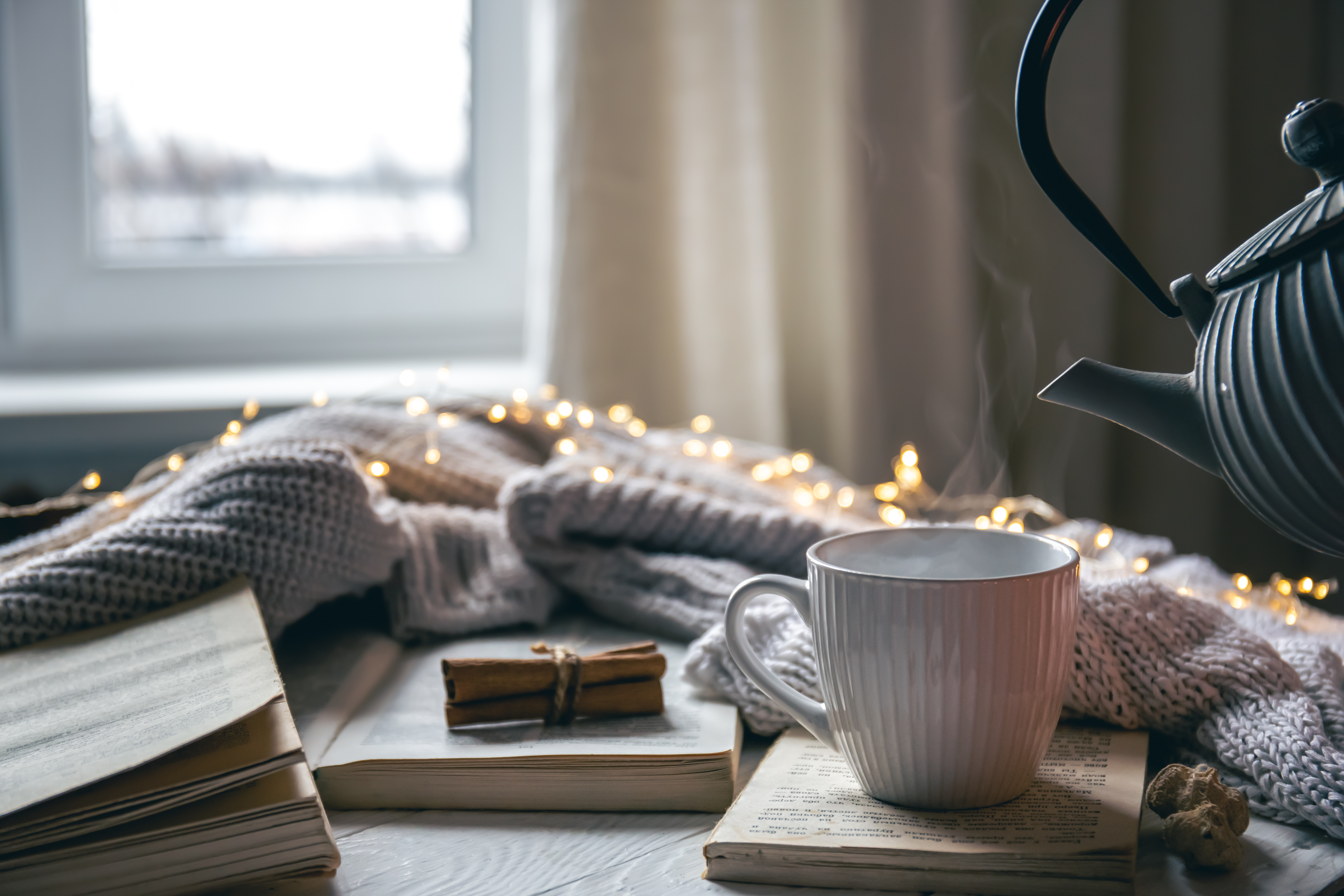 A cozy book and coffee setup